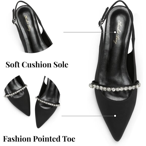 Women Black Satin Polyurethane (PU) Rhinestone Pointed Toe Slingback Flats Shoes - Picture 2 of 9